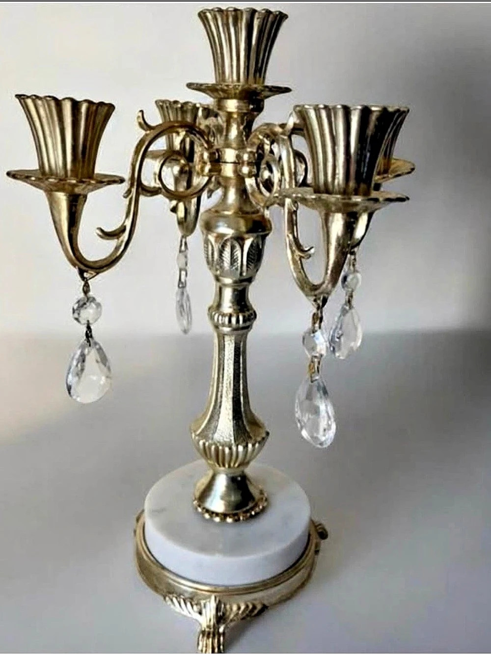 Vintage Mid-Century Italian Brass & Marble 5-Light Candelabra with Crystal Prism